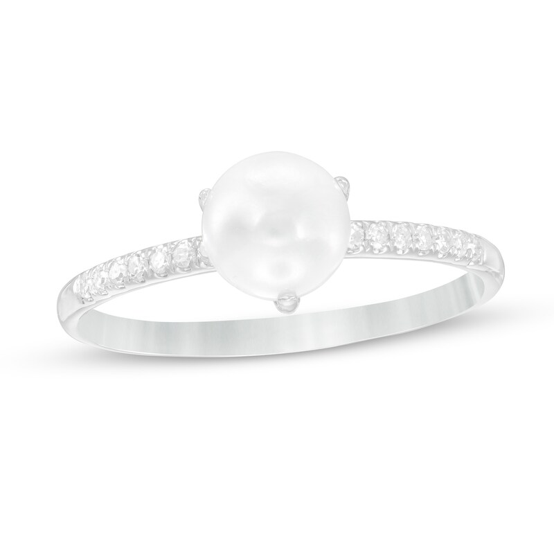 Main Image 1 of 6.0-6.5mm Button Freshwater Cultured Pearl and 1/10 CT. T.W. Diamond Ring in 10K White Gold
