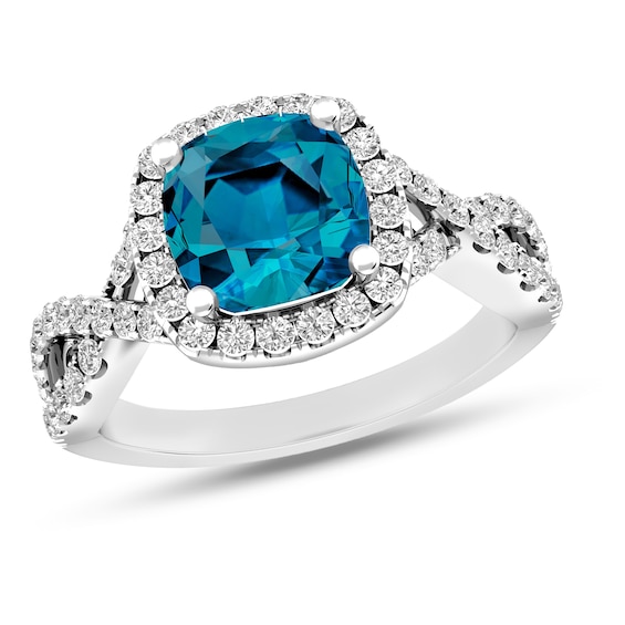 London Blue and White Topaz Frame Twist Split Shank Ring in Sterling Silver