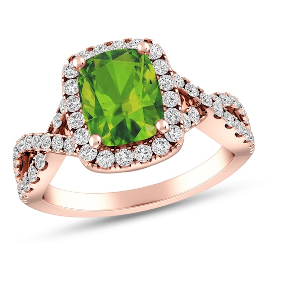 Elongated Cushion-Cut Peridot and White Topaz Frame Twist Split Shank Ring in 10K Rose Gold