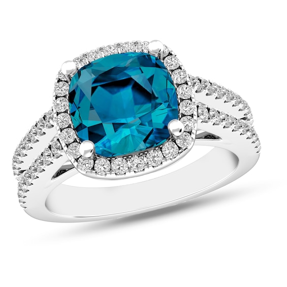 Cushion-Cut London Blue and White Topaz Frame Double Row Split Shank Ring in Sterling Silver