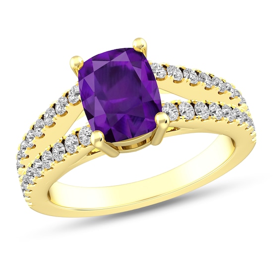 Elongated Cushion-Cut Amethyst and White Topaz Frame Double Row Split Shank Ring in 10K Gold