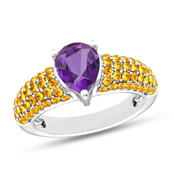 Pear-Shaped Amethyst and Citrine Dome Ring in Sterling Silver