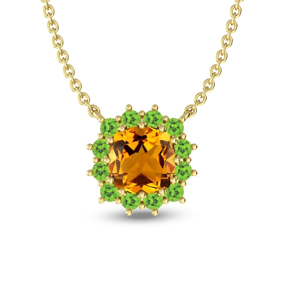 Citrine and Peridot Sunburst Frame Necklace in 10K Gold