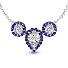Pear-Shaped White Topaz and Blue Sapphire Frame Three Stone Necklace in Sterling Silver