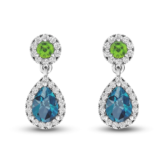 Pear-Shaped London Blue Topaz, Peridot and White Topaz Frame Dangle Drop Earrings in Sterling Silver