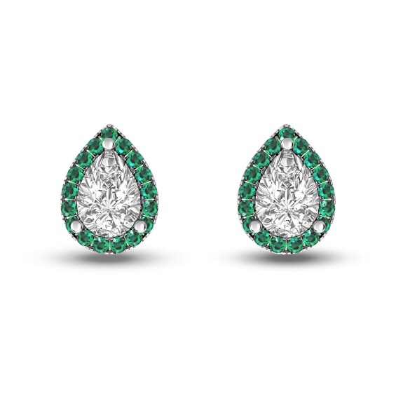 Pear-Shaped White Topaz and Emerald Frame Stud Earrings in Sterling Silver