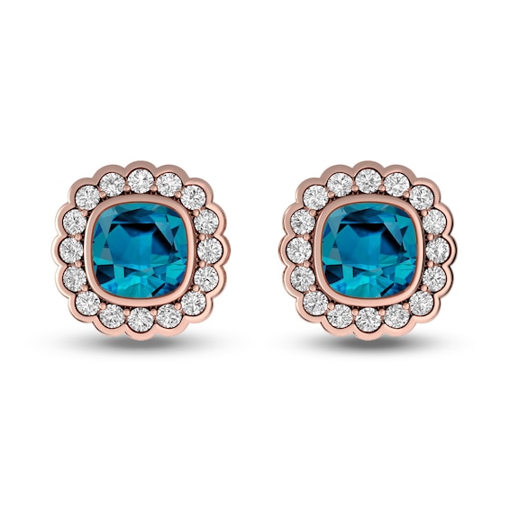 Cushion-Cut London Blue and White Topaz Scallop Frame Stud Earrings in 10K Rose Gold