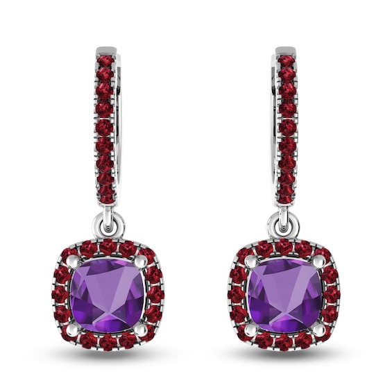 Cushion-Cut Amethyst and Garnet Frame Drop Earrings in Sterling Silver