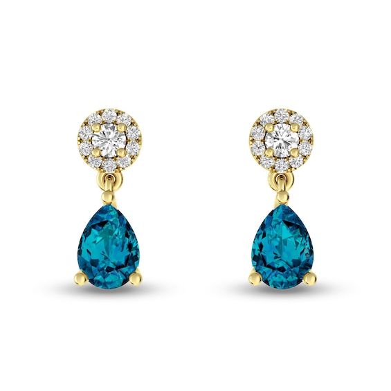 Pear-Shaped London Blue and White Topaz Frame Dangle Drop Earrings in 10K Gold