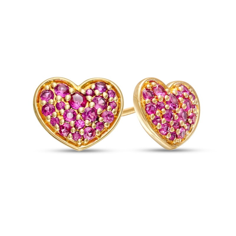 Main Image 1 of Ruby Cluster Heart Stud Earrings in 10K Gold