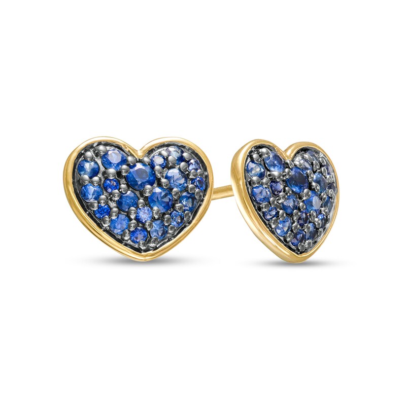 Main Image 1 of Blue Sapphire Cluster Heart Stud Earrings in 10K Gold