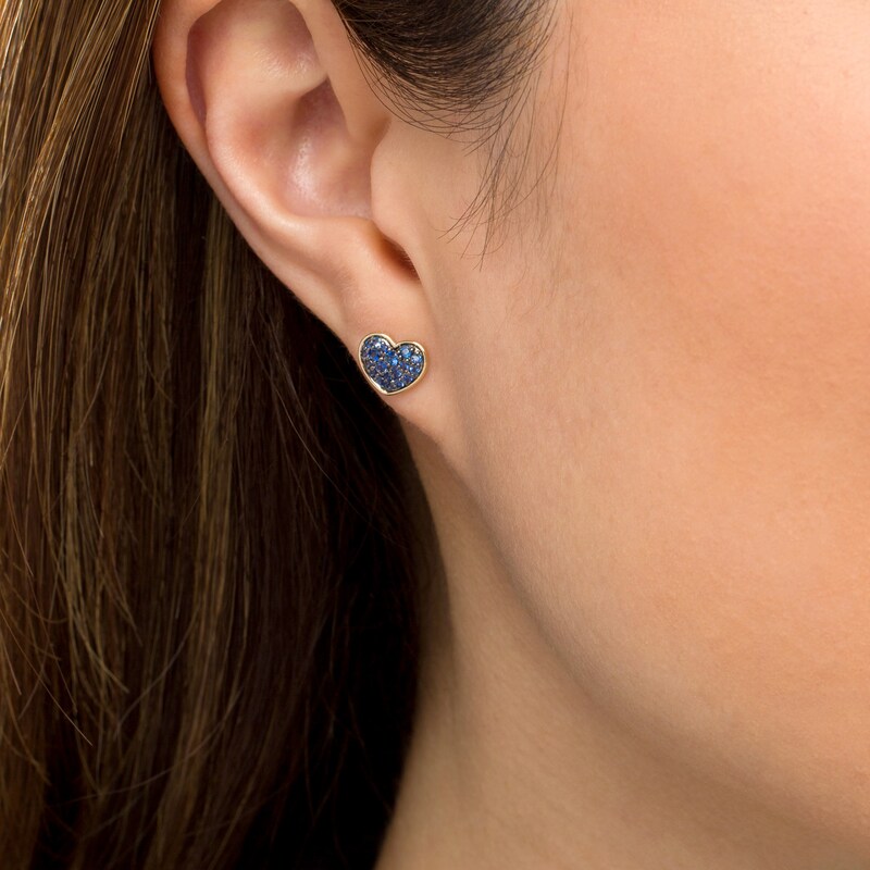 Main Image 2 of Blue Sapphire Cluster Heart Stud Earrings in 10K Gold