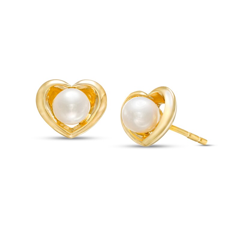 4.0-4.5mm Cultured Freshwater Pearl Heart Frame Stud Earrings in 10K Gold