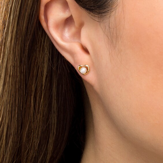 4.0-4.5mm Freshwater Cultured Pearl Heart Frame Stud Earrings in 10K Gold