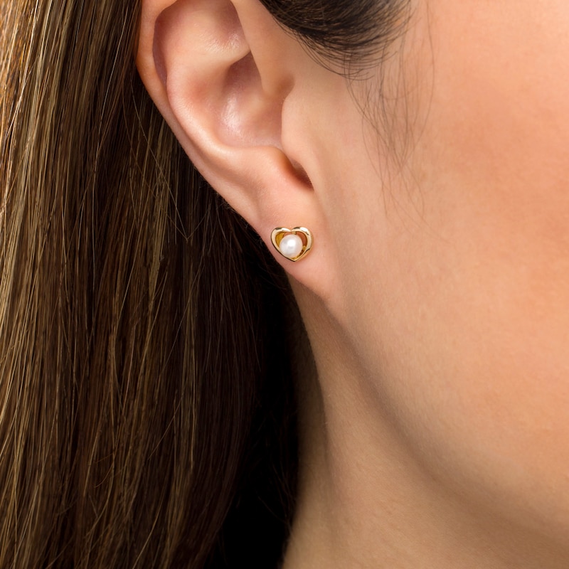 4.0-4.5mm Cultured Freshwater Pearl Heart Frame Stud Earrings in 10K Gold