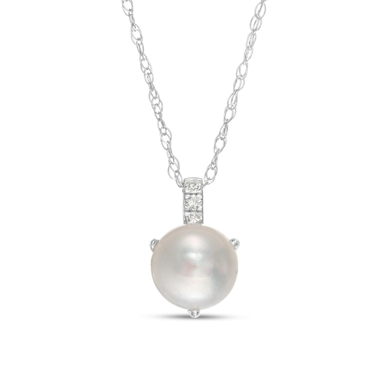 Main Image 1 of 6.0-6.5mm Button Freshwater Cultured Pearl and Diamond Accent Drop Pendant in 10K White Gold