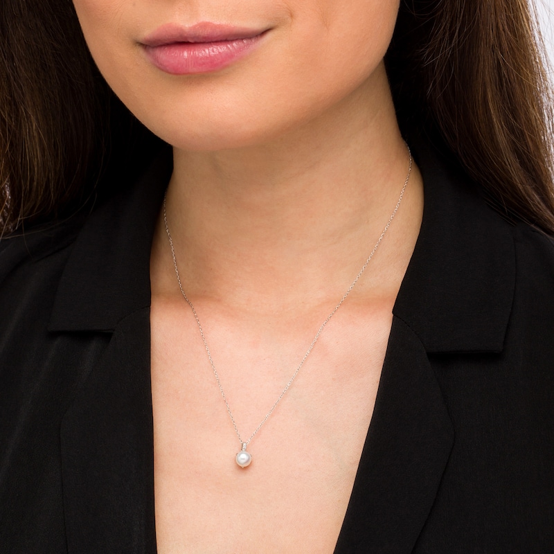 Main Image 2 of 6.0-6.5mm Button Freshwater Cultured Pearl and Diamond Accent Drop Pendant in 10K White Gold
