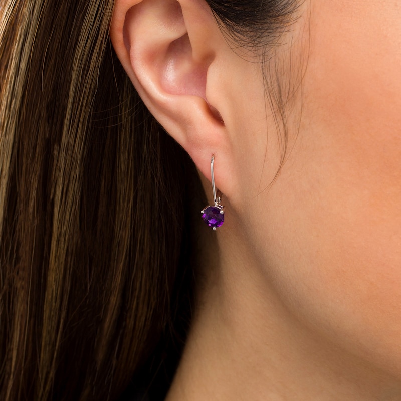 Main Image 2 of 6.0mm Amethyst Solitaire Drop Earrings in 10K White Gold