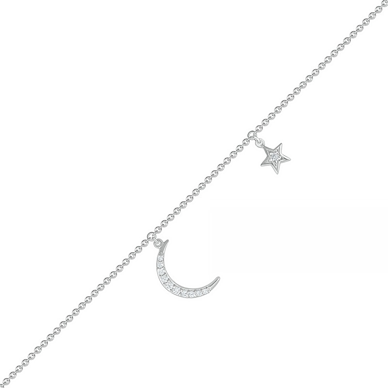 1/15 CT. T.W. Diamond Crescent Moon and Star Anklet in Sterling Silver – 10"