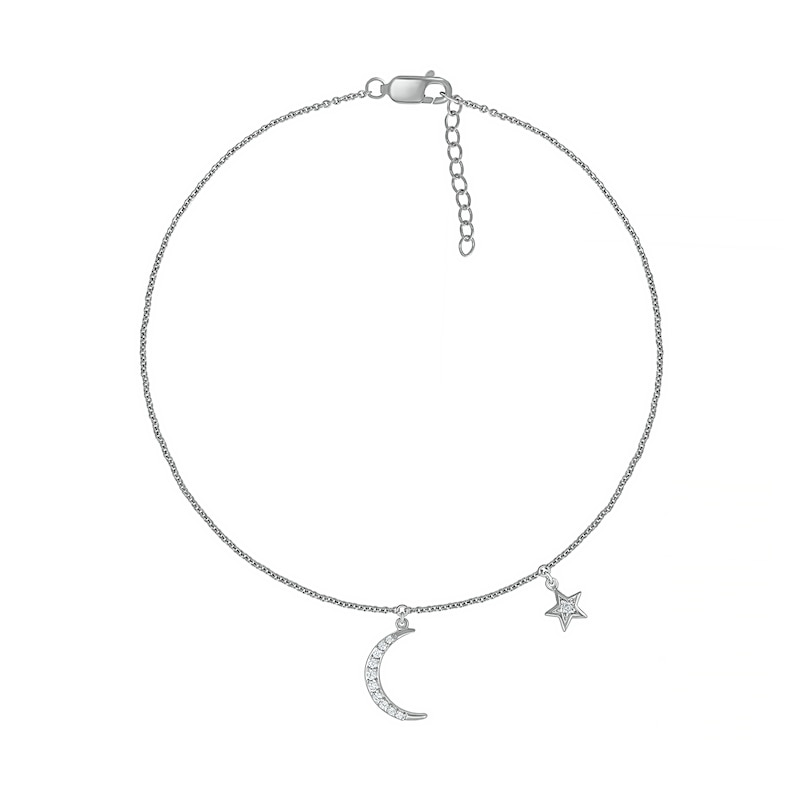 1/15 CT. T.W. Diamond Crescent Moon and Star Anklet in Sterling Silver – 10"