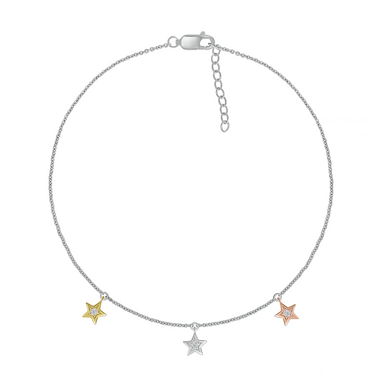 Diamond Accent Triple Star Anklet in Sterling Silver and 10K Two-Tone Gold – 10"