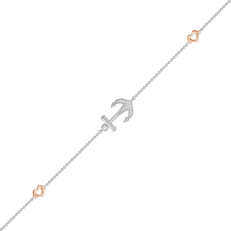 1/20 CT. T.W. Diamond Heart and Anchor Anklet in Sterling Silver and 10K Rose Gold – 10"