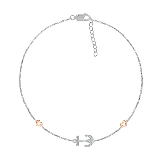 1/20 CT. T.w. Diamond Heart and Anchor Anklet in Sterling Silver and 10K Rose Gold â 10"