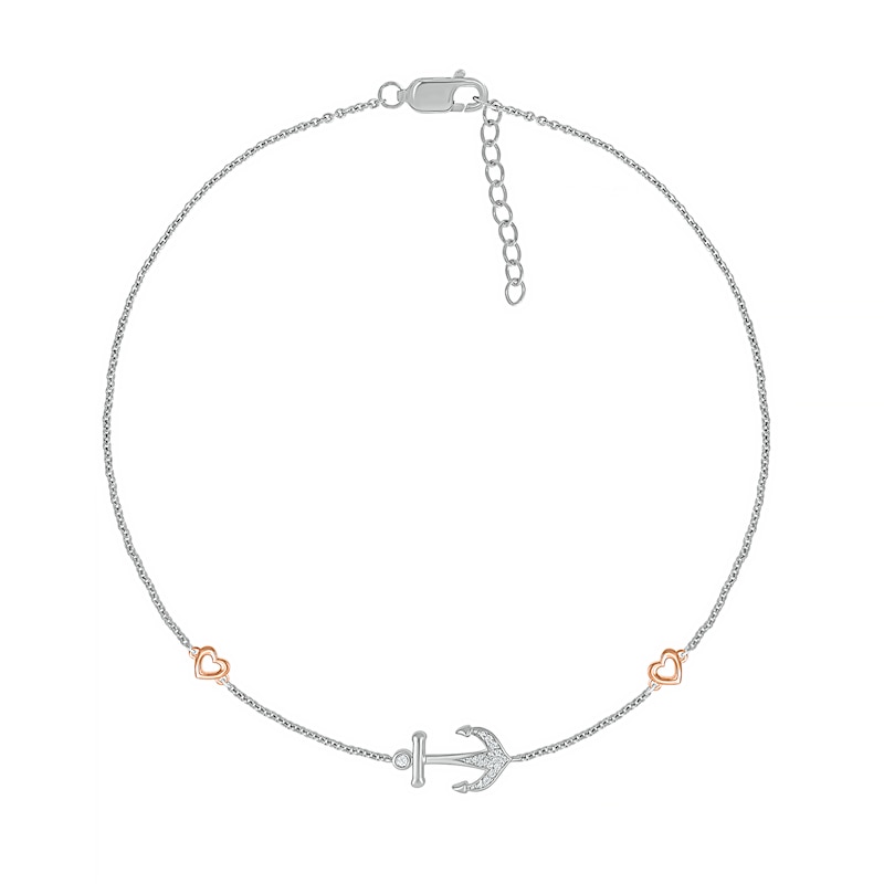 1/20 CT. T.W. Diamond Heart and Anchor Anklet in Sterling Silver and 10K Rose Gold – 10"