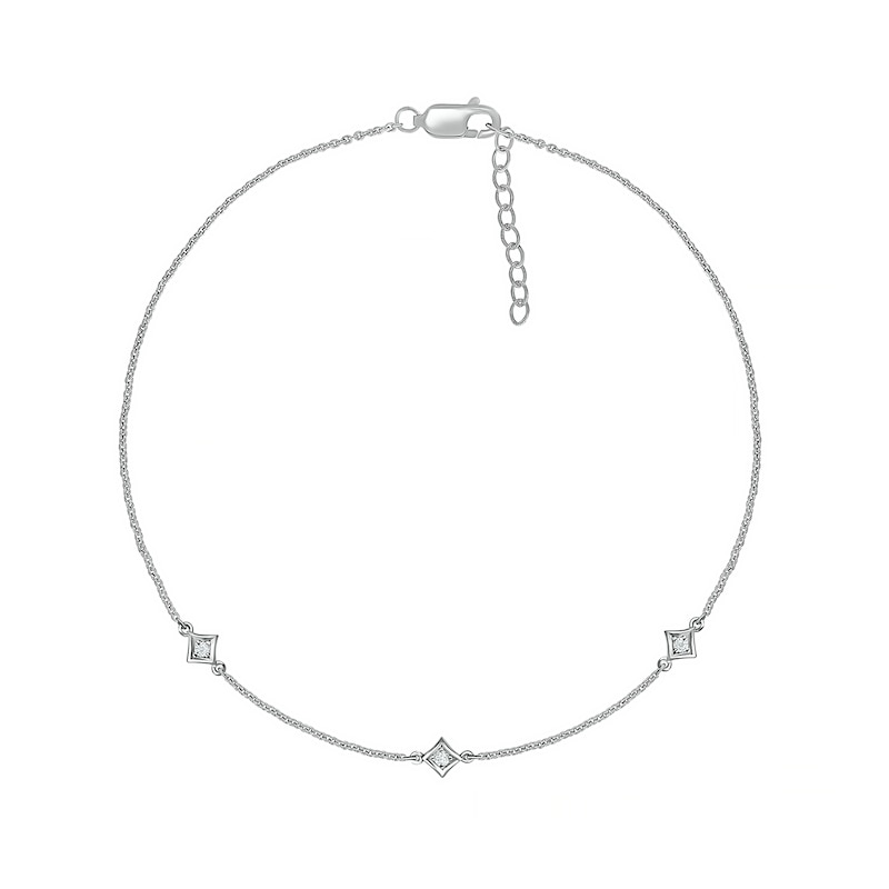 1/20 CT. T.W. Diamond Triple Tilted Square Frame Anklet in Sterling Silver – 10"