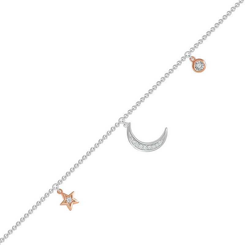 1/20 CT. T.W. Diamond Crescent Moon and Star Anklet in Sterling Silver and 10K Rose Gold