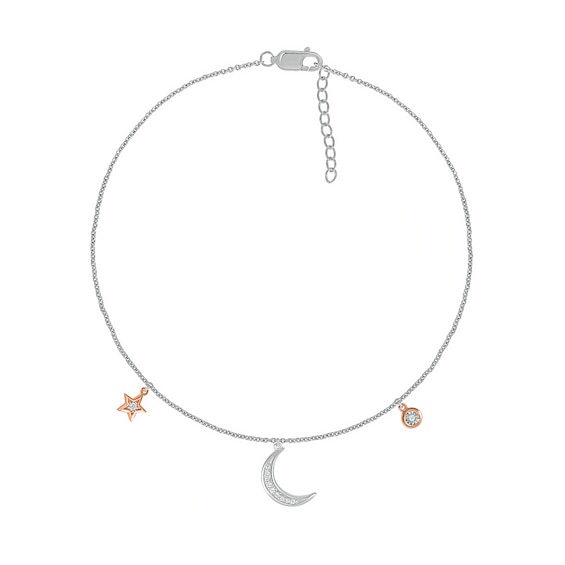 1/20 CT. T.w. Diamond Crescent Moon and Star Anklet in Sterling Silver and 10K Rose Gold