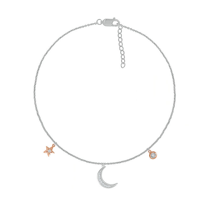 1/20 CT. T.W. Diamond Crescent Moon and Star Anklet in Sterling Silver and 10K Rose Gold