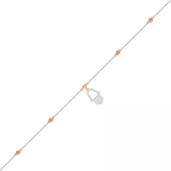 1/10 CT. T.w. Diamond Hamsa Anklet in Sterling Silver and 10K Rose Gold – 10"