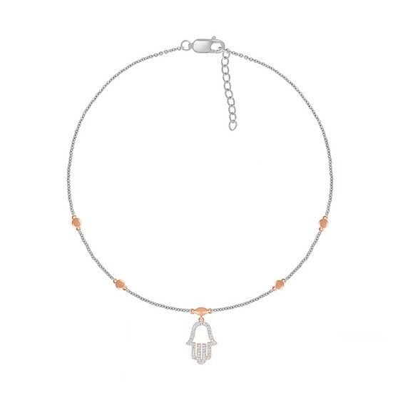 1/10 CT. T.w. Diamond Hamsa Anklet in Sterling Silver and 10K Rose Gold – 10"