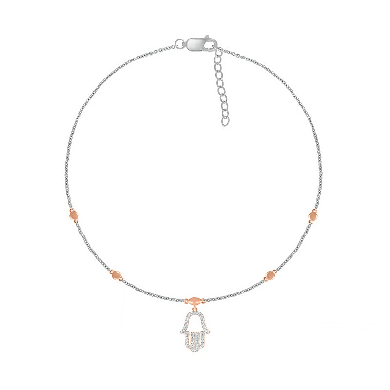 1/10 CT. T.W. Diamond Hamsa Anklet in Sterling Silver and 10K Rose Gold – 10"