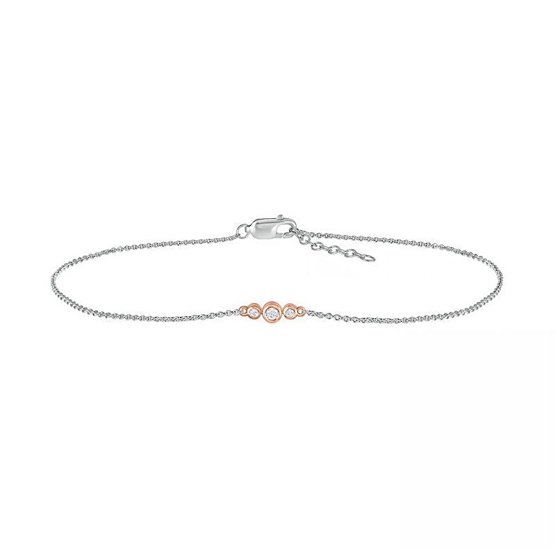 Main Image 2 of 1/15 CT. T.W. Diamond Circle Trio Anklet in Sterling Silver and 10K Rose Gold – 10"