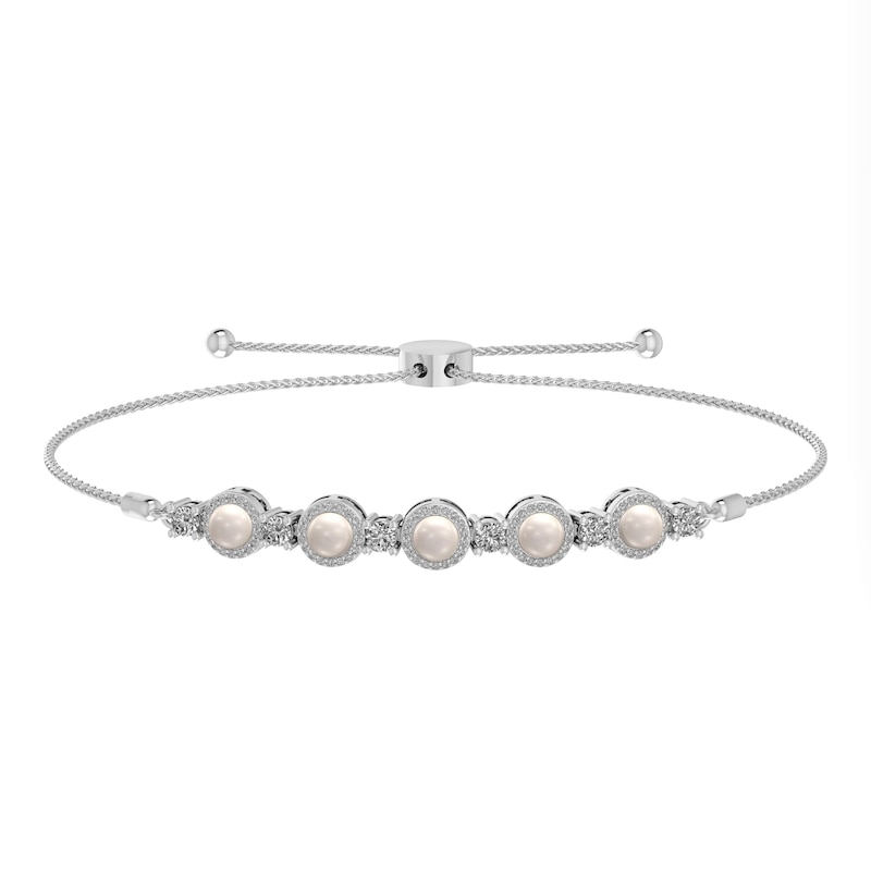 Main Image 1 of Freshwater Cultured Pearl, Lab-Created White Sapphire and Diamond Accent Frame Bolo Bracelet in Sterling Silver-9.5"