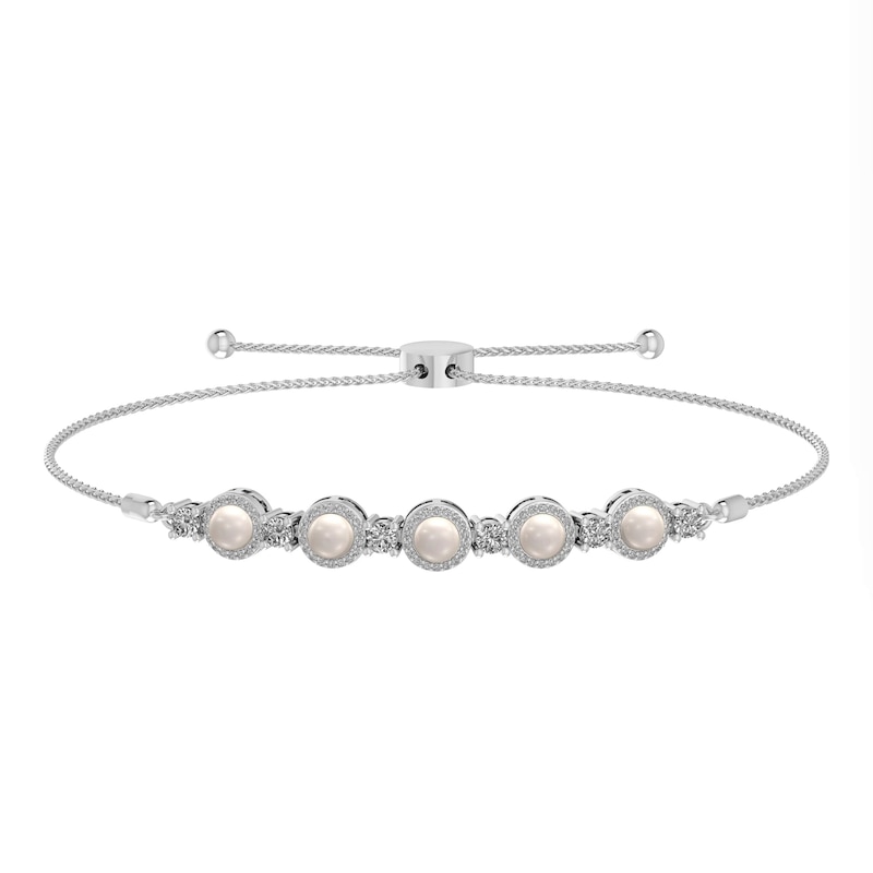 Freshwater Cultured Pearl, Lab-Created White Sapphire and Diamond Accent Frame Bolo Bracelet in Sterling Silver-9.5"