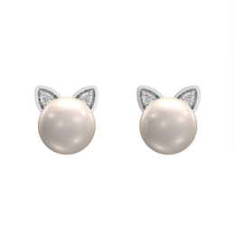 6.0mm Freshwater Cultured Pearl and Diamond Accent Cat Head Stud Earrings in Sterling Silver