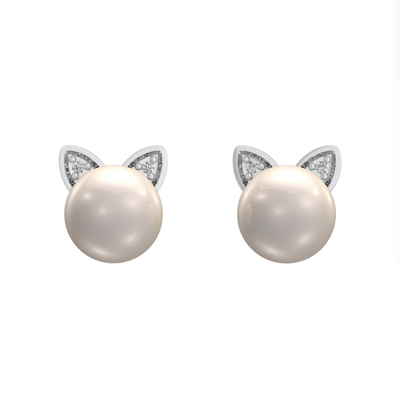 6.0mm Freshwater Cultured Pearl and Diamond Accent Cat Head Stud Earrings in Sterling Silver