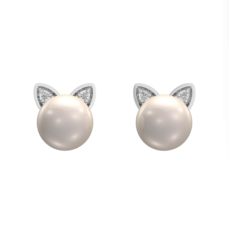 Main Image 1 of 6.0mm Freshwater Cultured Pearl and Diamond Accent Cat Head Stud Earrings in Sterling Silver