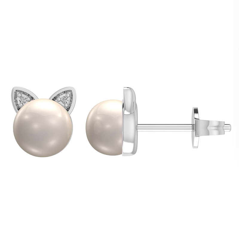 Main Image 2 of 6.0mm Freshwater Cultured Pearl and Diamond Accent Cat Head Stud Earrings in Sterling Silver