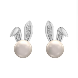 6.0mm Freshwater Cultured Pearl and Diamond Accent Bunny Head Stud Earrings in Sterling Silver