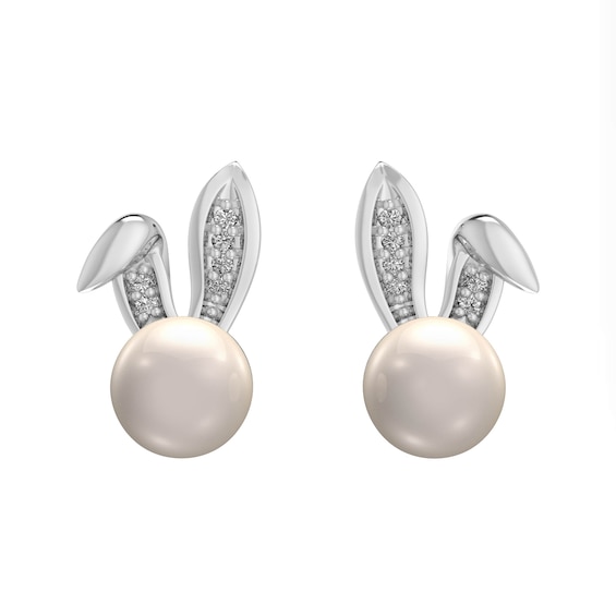 6.0mm Freshwater Cultured Pearl and Diamond Accent Bunny Head Stud Earrings in Sterling Silver