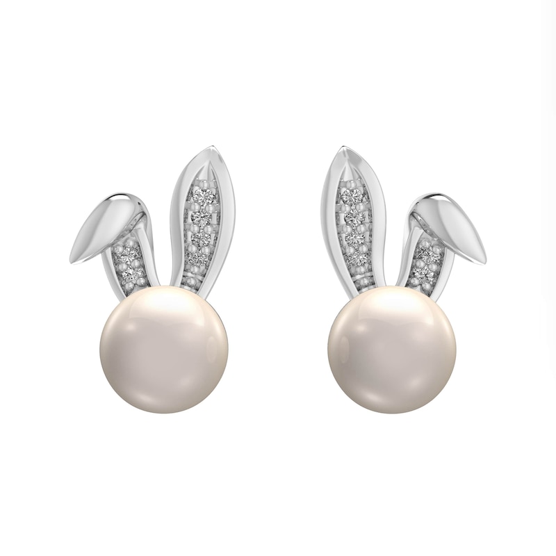 Main Image 1 of 6.0mm Freshwater Cultured Pearl and Diamond Accent Bunny Head Stud Earrings in Sterling Silver