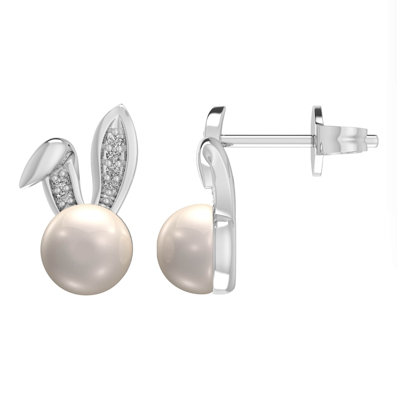 Main Image 2 of 6.0mm Freshwater Cultured Pearl and Diamond Accent Bunny Head Stud Earrings in Sterling Silver