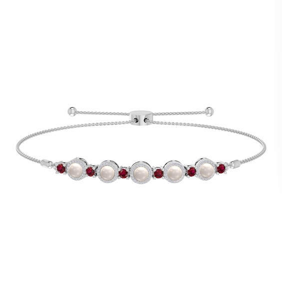 Freshwater Cultured Pearl, Lab-Created Ruby and Diamond Accent Bead Frame Bolo Bracelet in Sterling Silver-9.5"