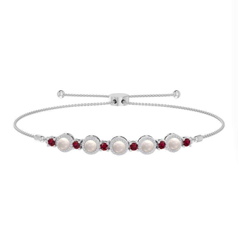 Main Image 1 of Freshwater Cultured Pearl, Lab-Created Ruby and Diamond Accent Bead Frame Bolo Bracelet in Sterling Silver-9.5"
