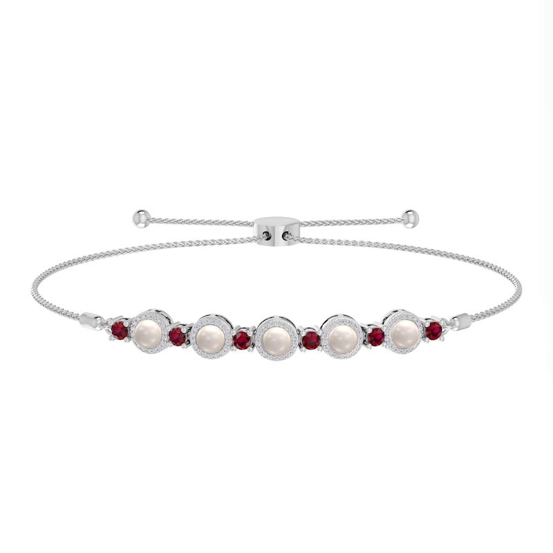 Freshwater Cultured Pearl, Lab-Created Ruby and Diamond Accent Bead Frame Bolo Bracelet in Sterling Silver-9.5"