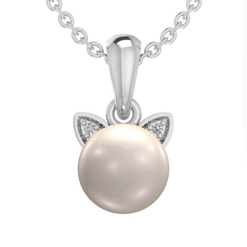 Main Image 1 of 7.0mm Freshwater Cultured Pearl and Diamond Accent Cat Head Drop Pendant in Sterling Silver